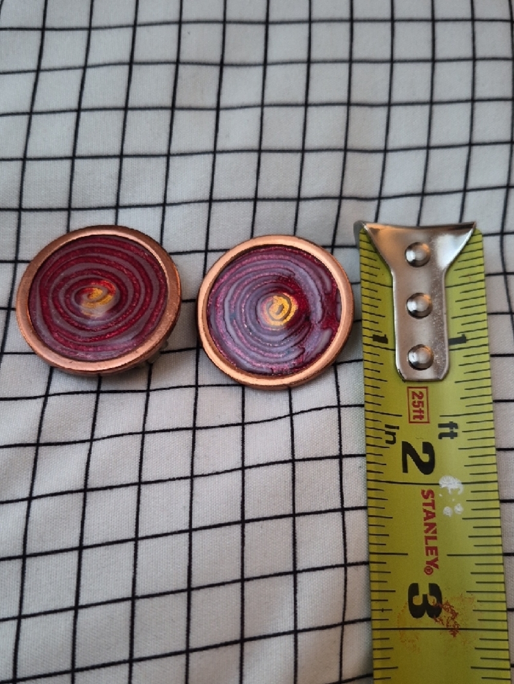 1950s Vintage Renoir Modernist Copper Round Swirl Clip On Earrings  Berry Red - Picture 6 of 6